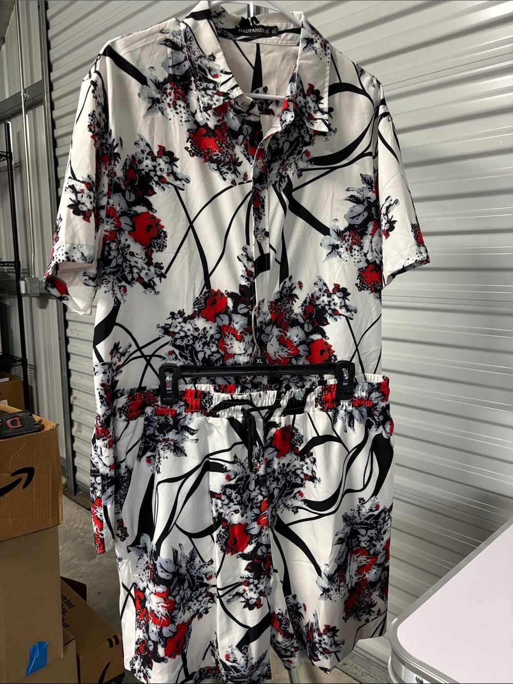 Men's Two-Piece Floral Shirt and Shorts Set in White, Red & Black